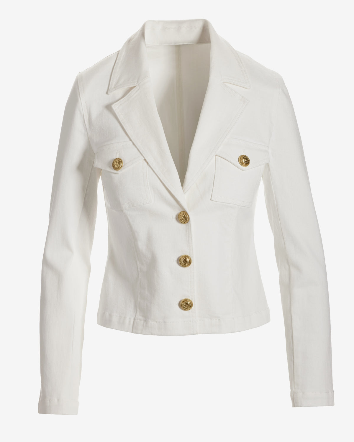 Modern Length Crest Button Luxe Denim Jacket White