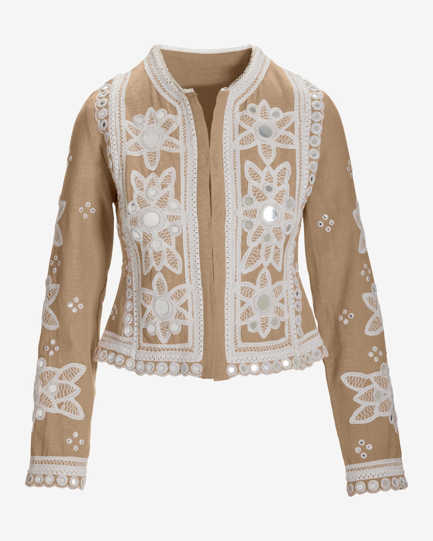 Mirror Embellished and Embroidered Linen Jacket Sesame