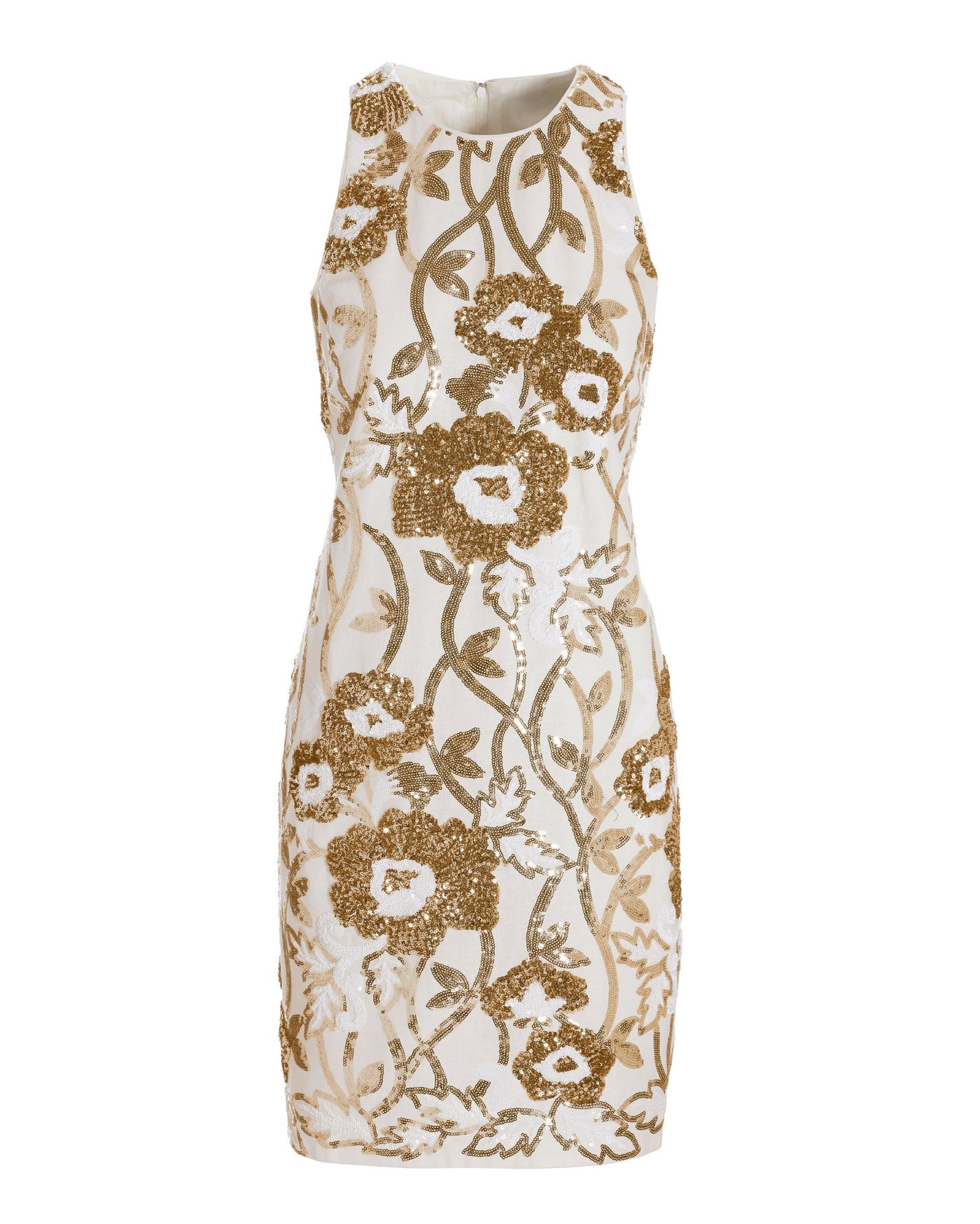High-Neck Floral Sequin Linen Dress White Multi