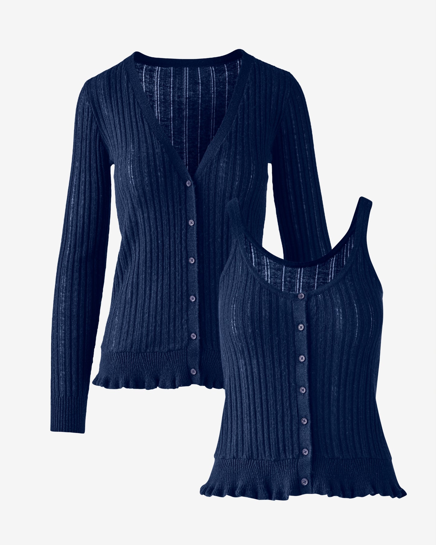 Pointelle Stitch Button Front Cardigan Sweater Set Navy