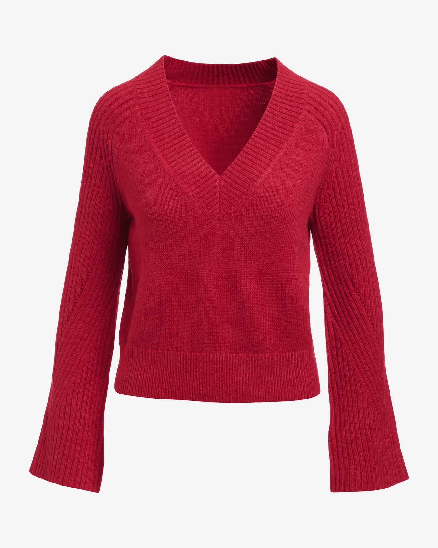 Wide Rib V-Neck Bell Sleeve Sweater Lipstick Red