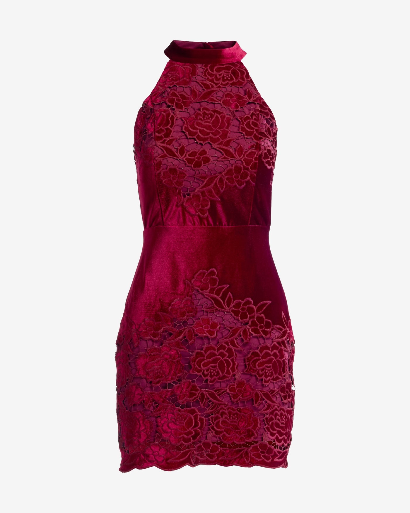 Placed Velvet Lace Mock Neck Sheath Dress Wine