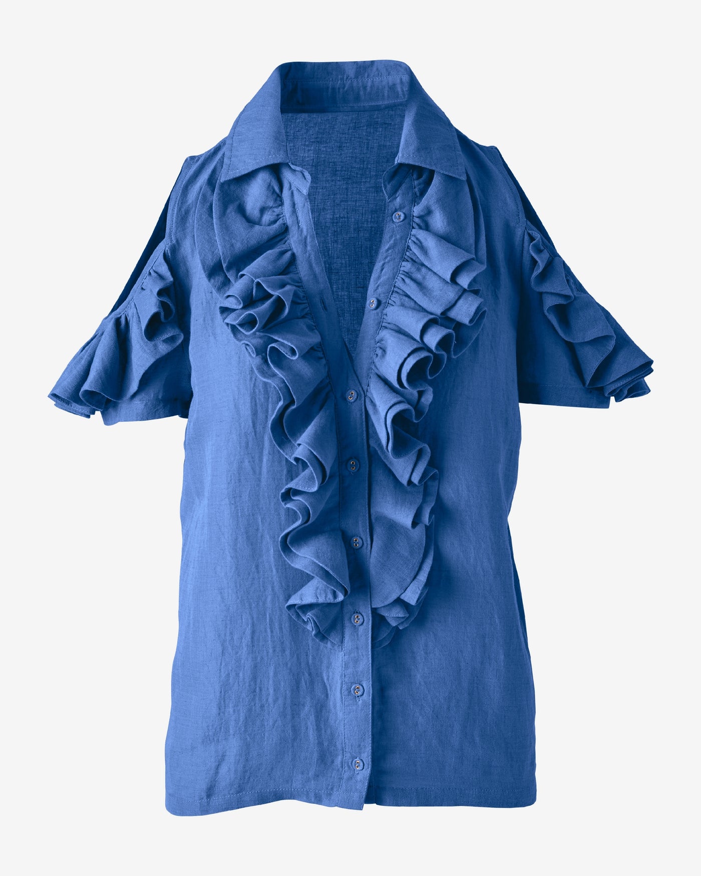 Linen Ruffle Cold Shoulder Collared Blouse Blue