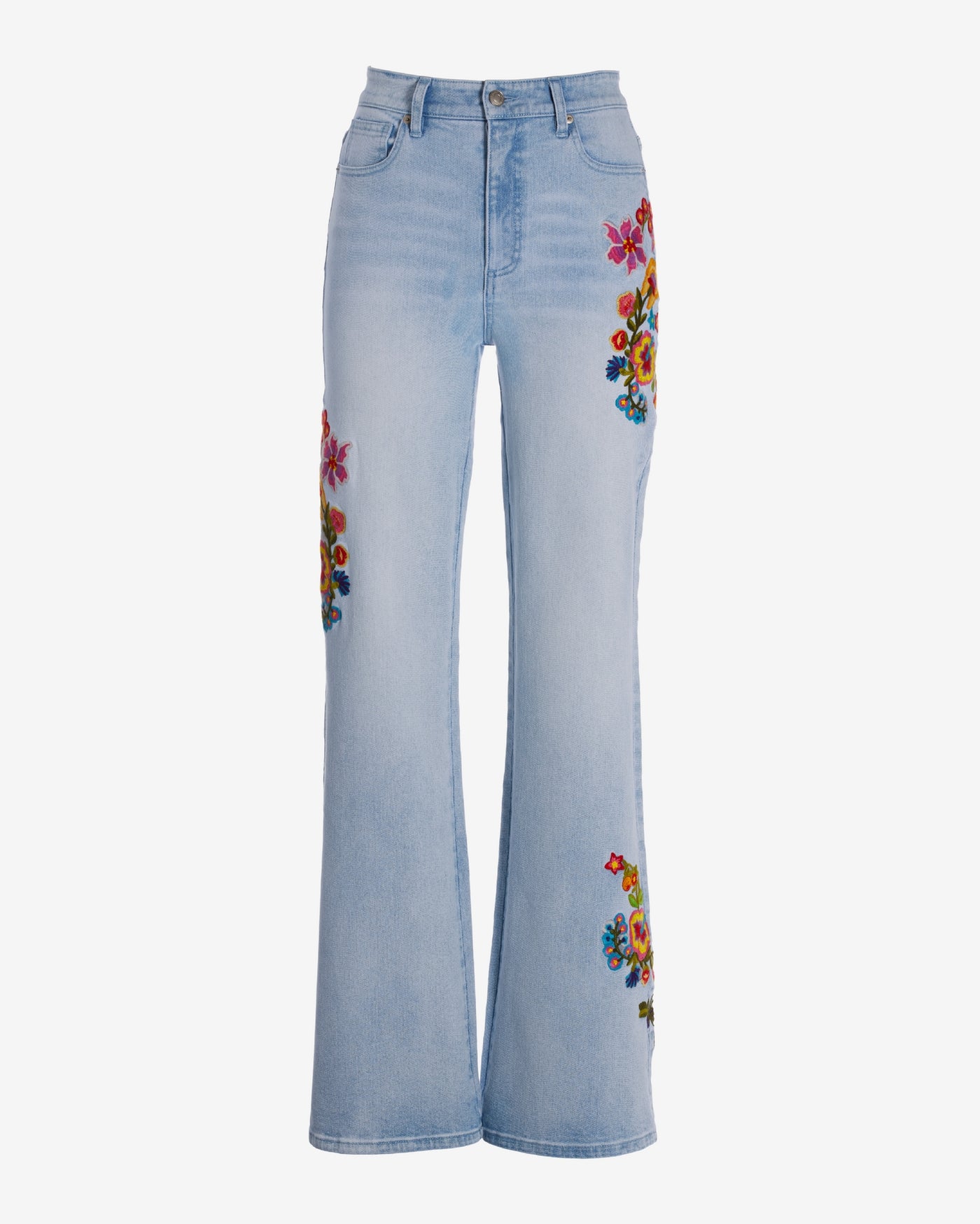 Malibu High Rise Blooming Brights Embroidered Palazzo Jean Light Wash