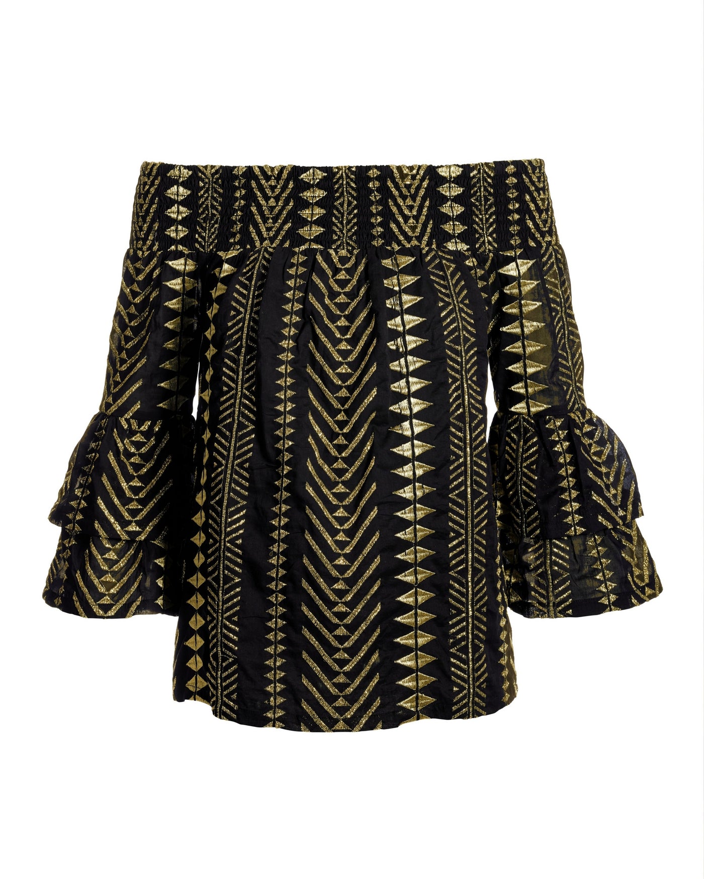Gold Metallic Patterned Off the Shoulder Tiered Sleeve Blouse Black/Gold