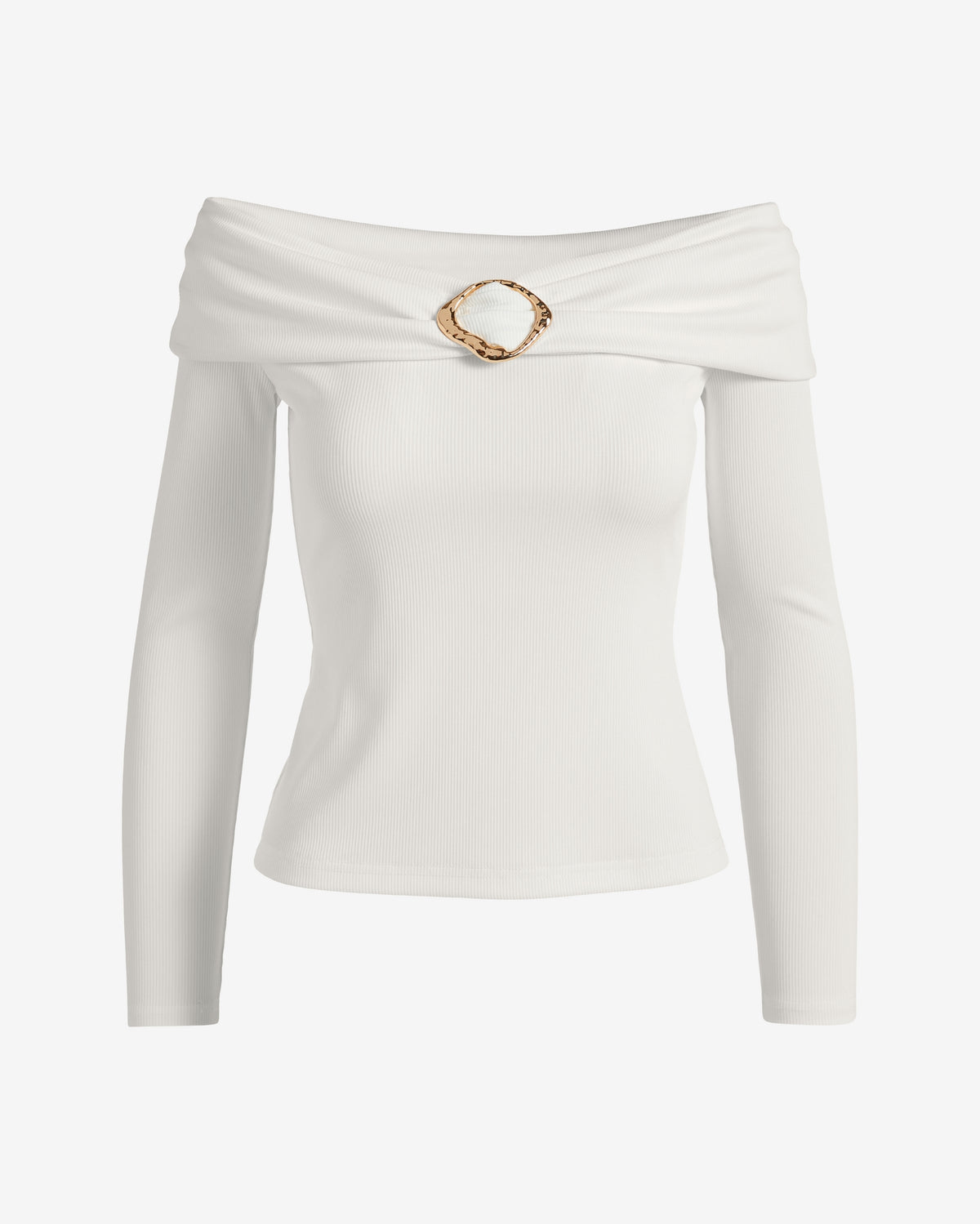 Off The Shoulder Ribbed Hardware Knit Top Off White