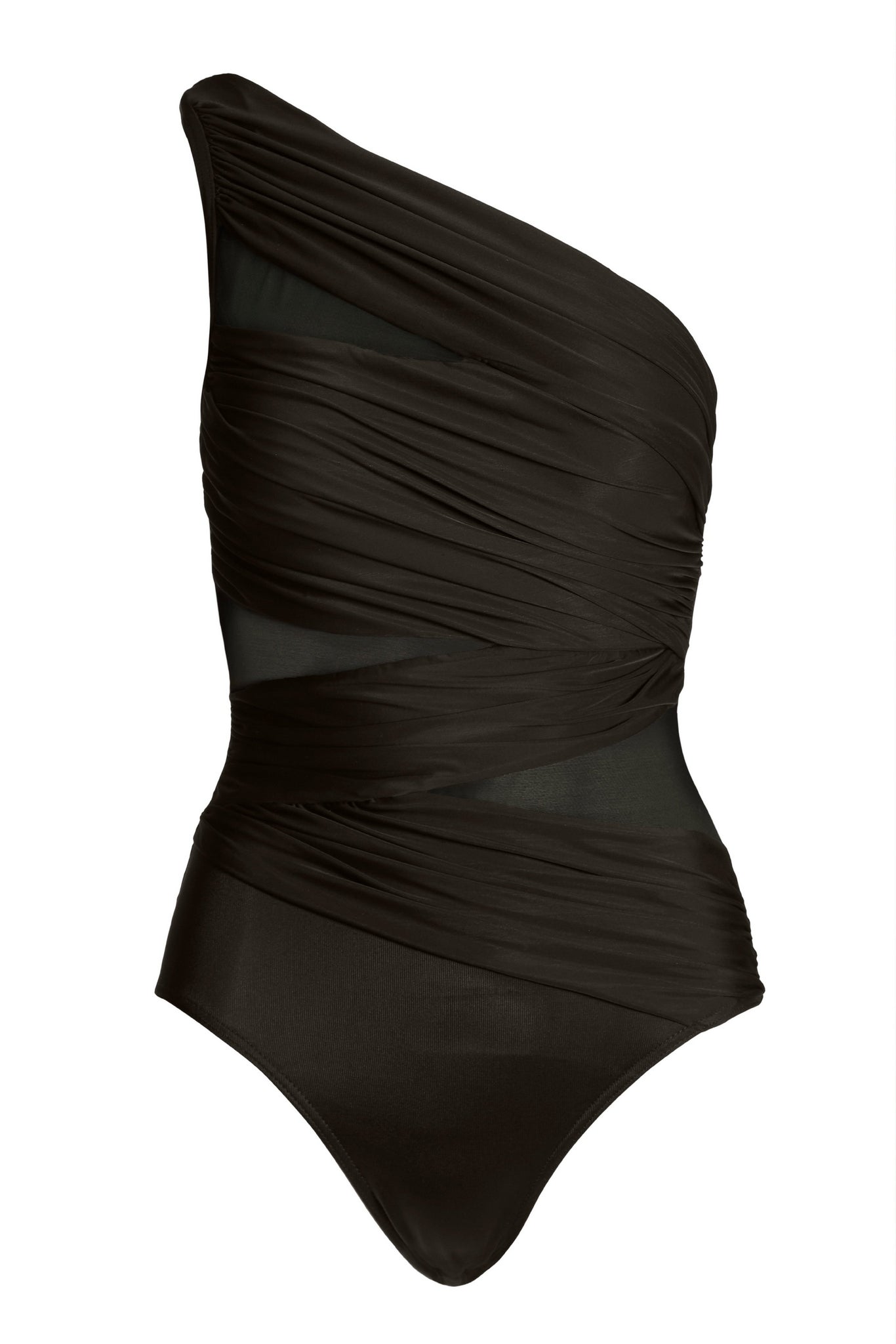 One Shoulder Mesh Illusion One Piece Swimsuit Black