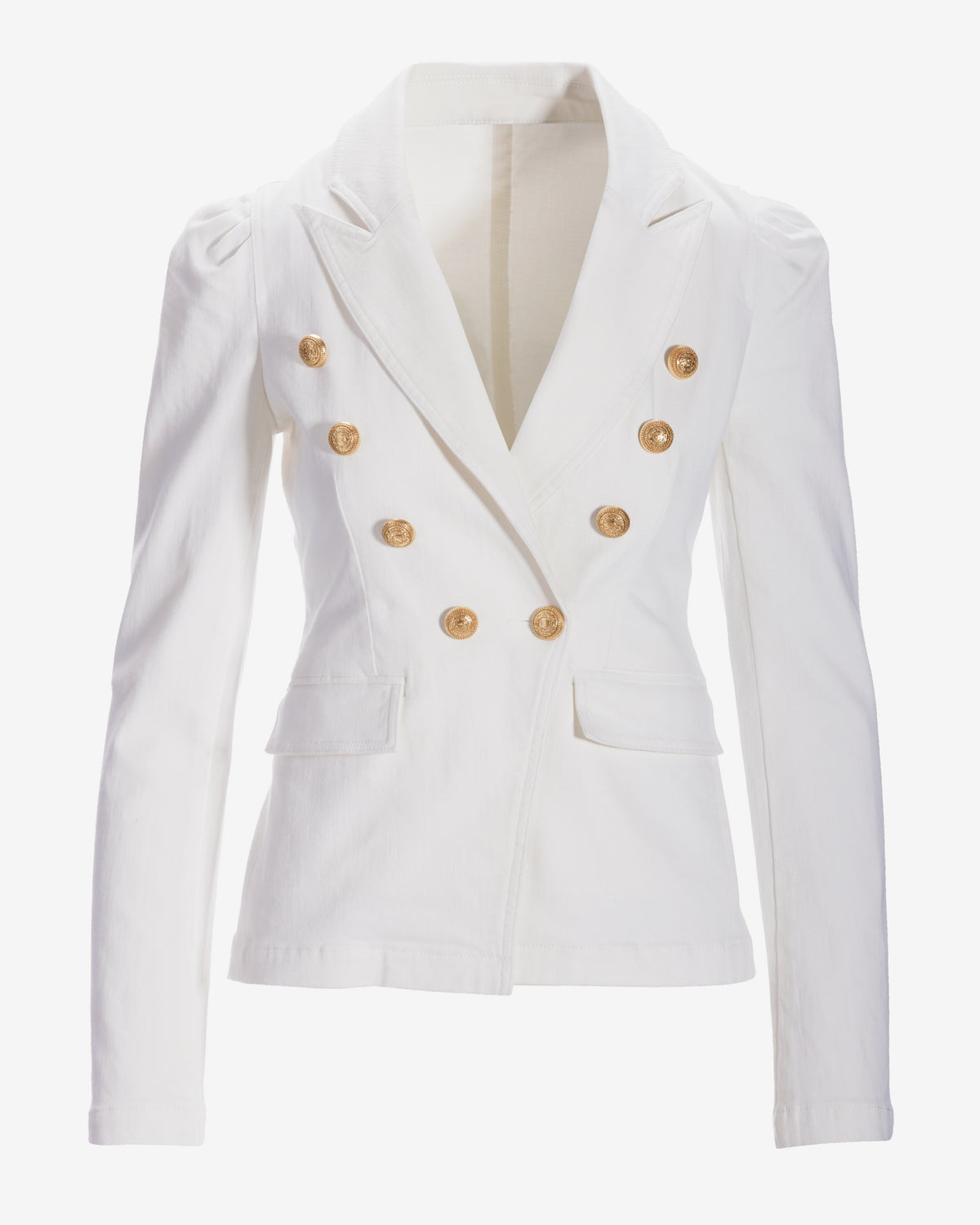 Puff-Sleeve Double-Breasted Denim Blazer White