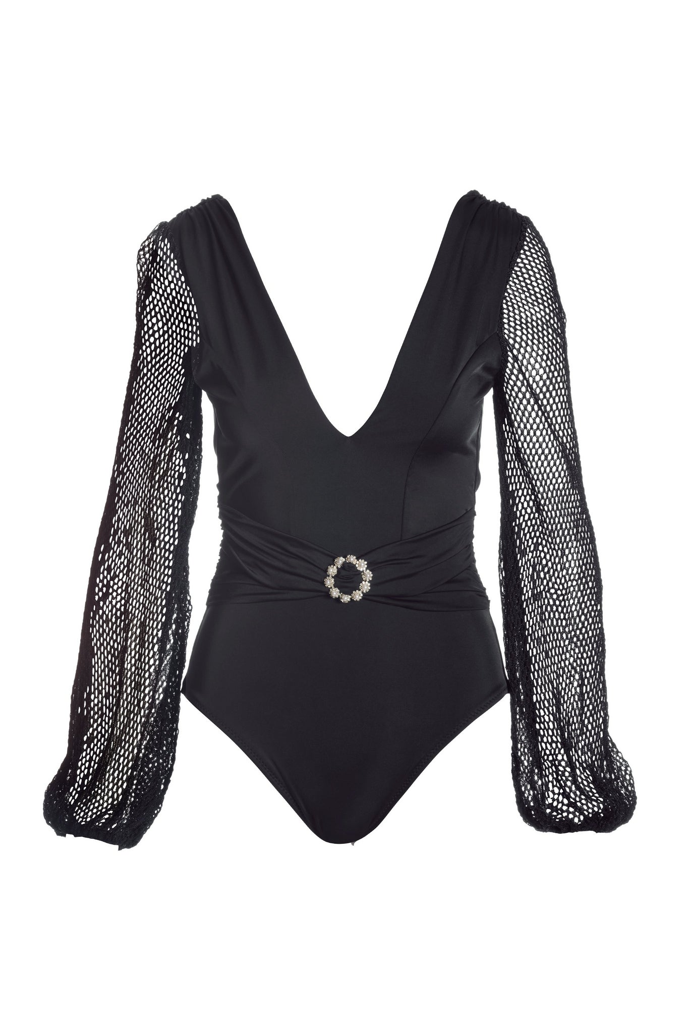 Long Sleeve Plunge One Piece Black