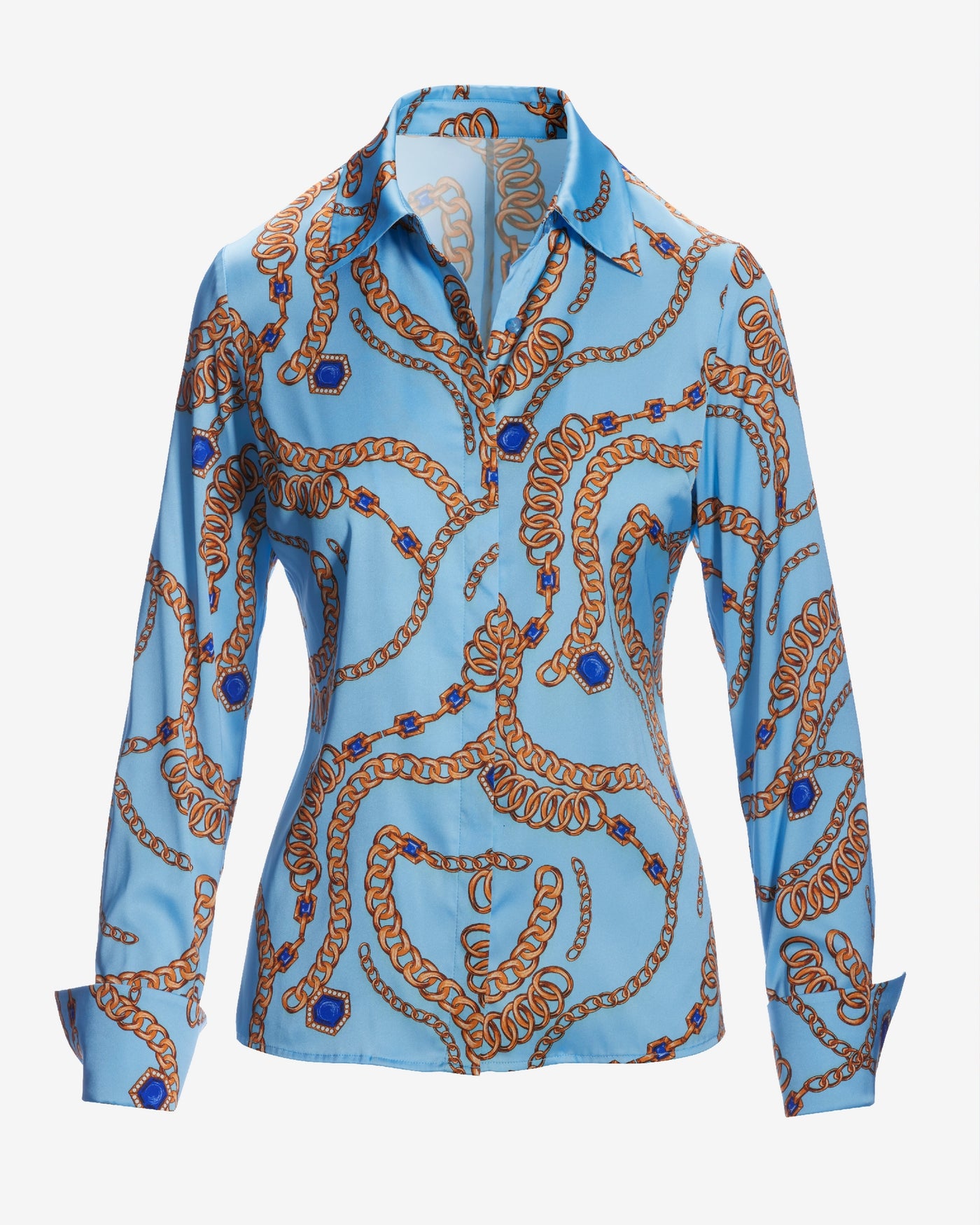 Jeweled Chains Sophia button up charmeuse blouse Blue