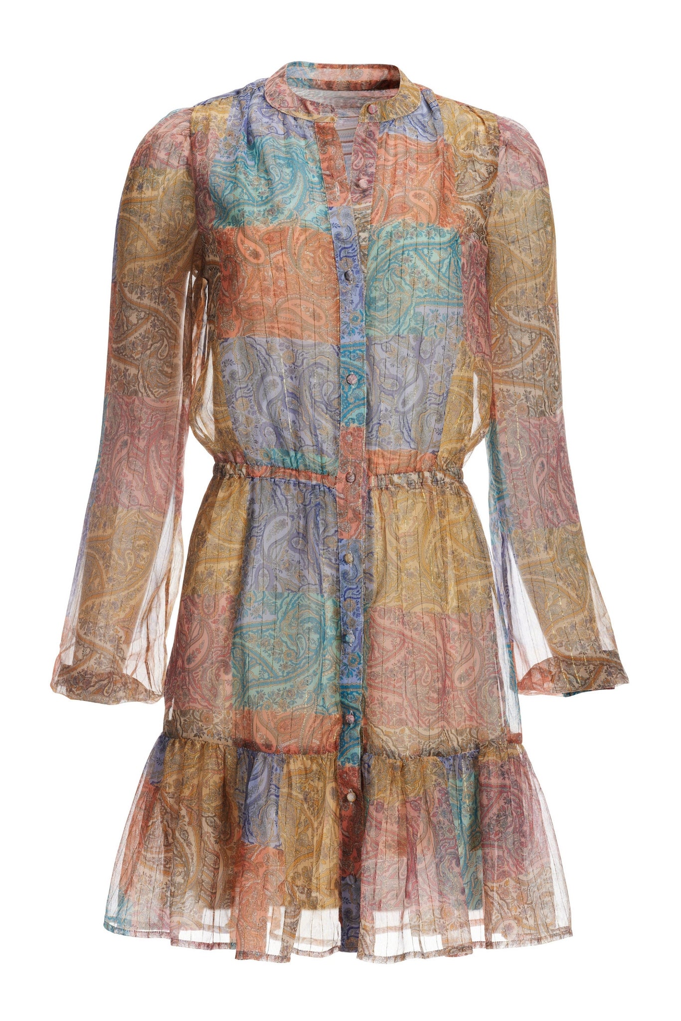 Patchwork Print Balloon Sleeve Dress Multi