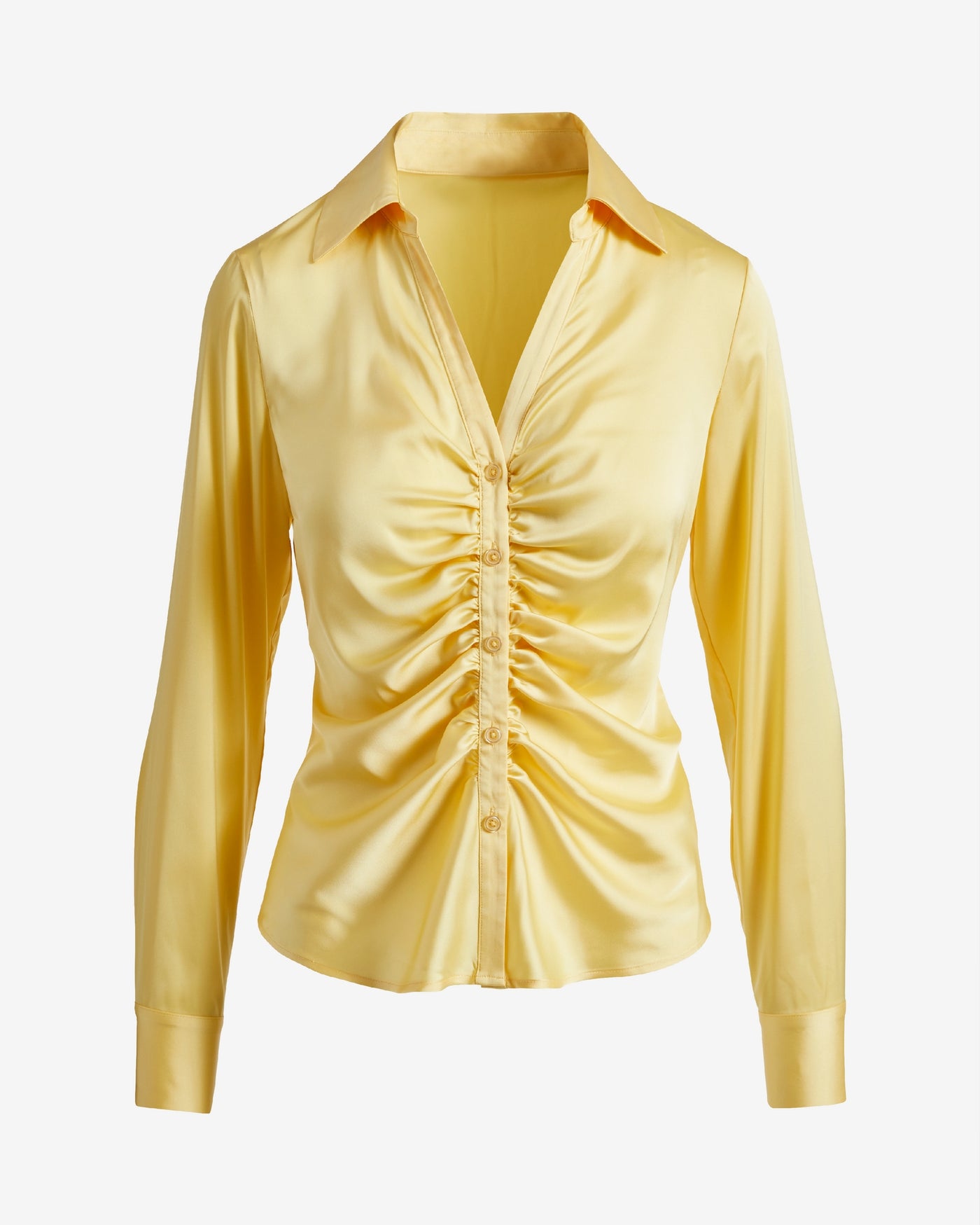 Jessie Charmeuse Ruched Center Front Button Up Shirt Pale Banana