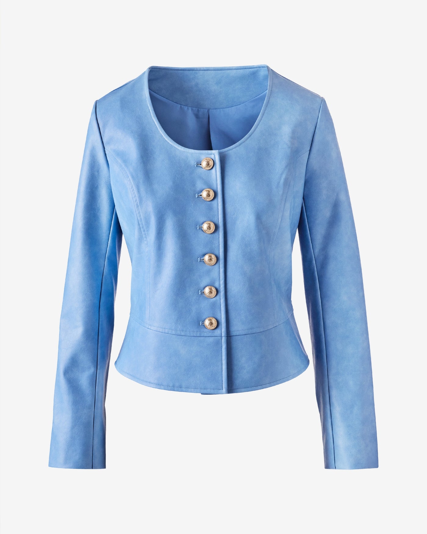 Scoop Neck Button Front Peplum Faux Leather Jacket Allure