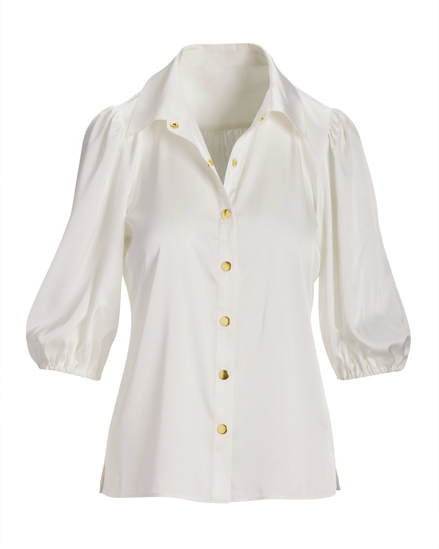 Gathered Sleeve Charmeuse Button Up Shirt Off White