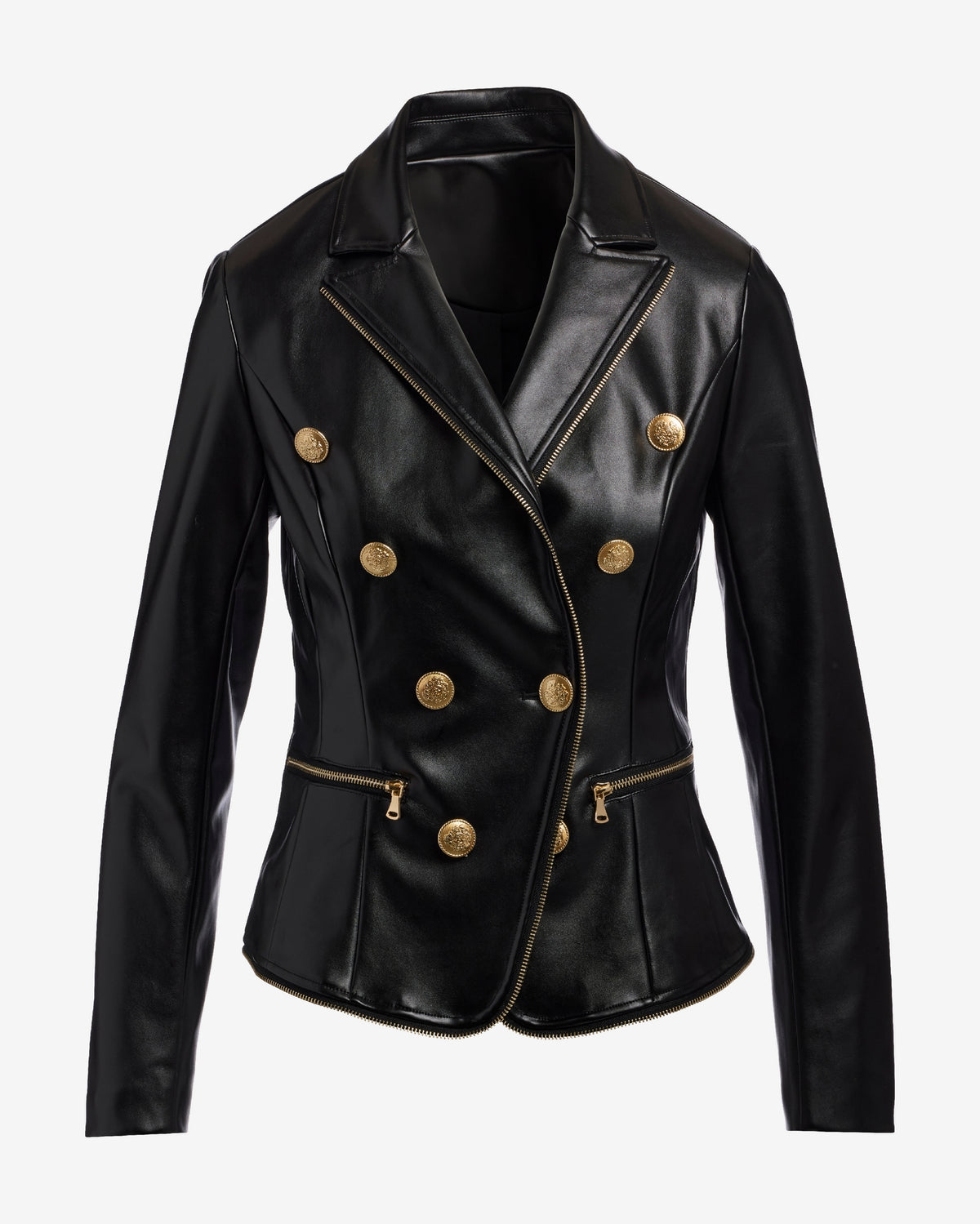 Zip Trim Faux Leather Double Breasted Jacket Black