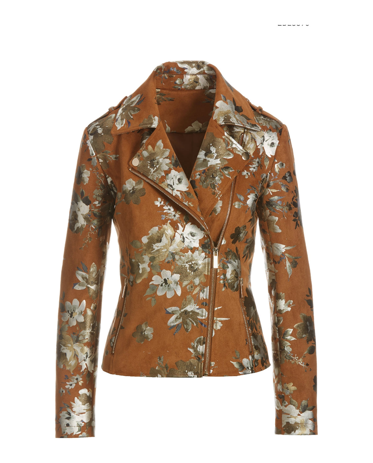 Foil Print Floral Faux Suede Moto Jacket Cognac Multi