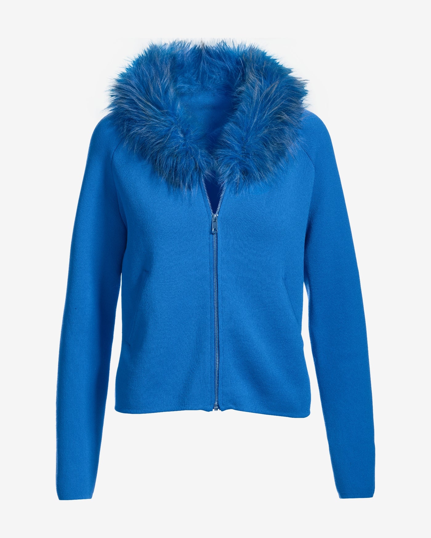 Faux Fur Collar Two Pocket Zip Up Sweater Strong Blue