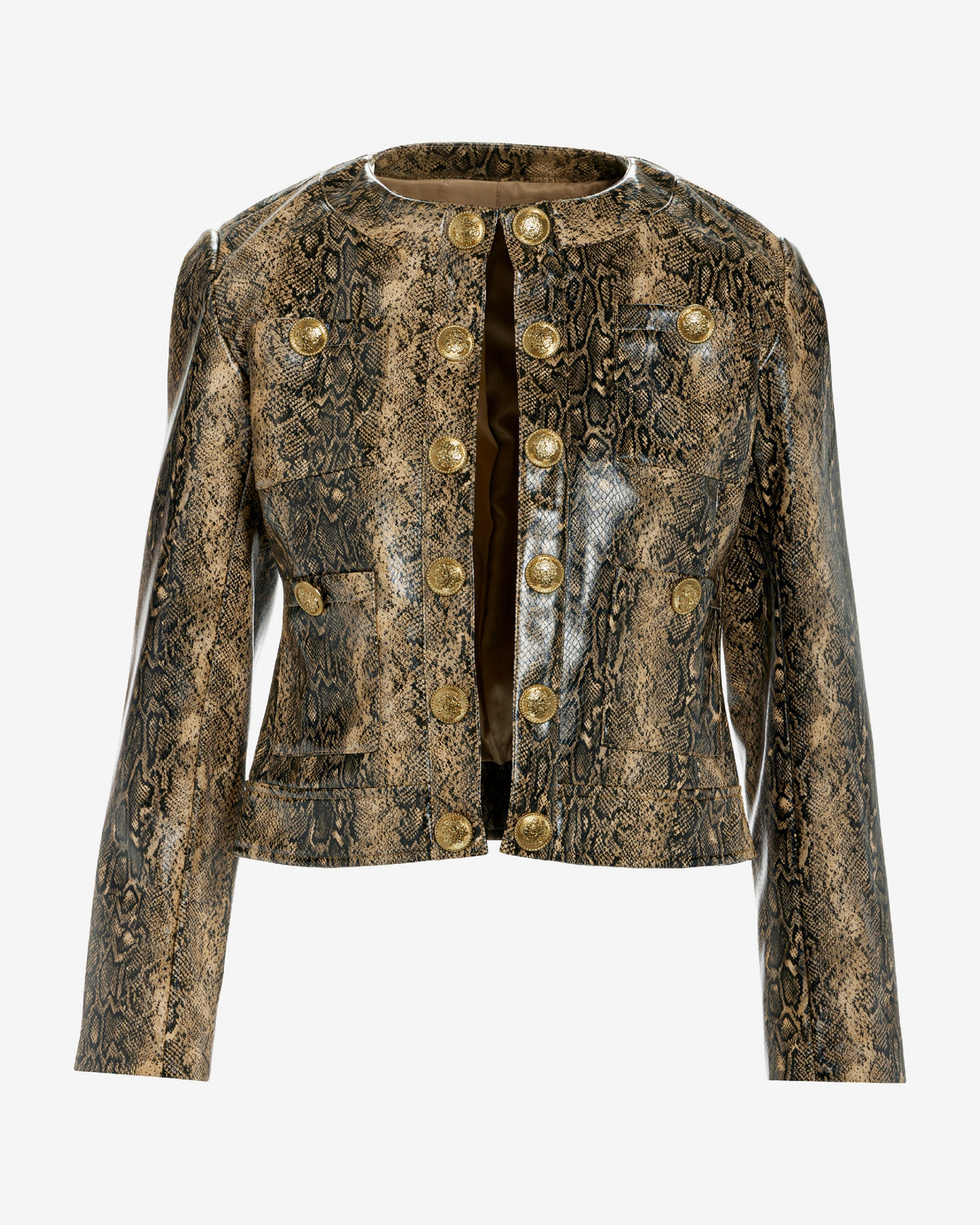 Python Print Crest Button Faux Leather Jacket Brown Multi