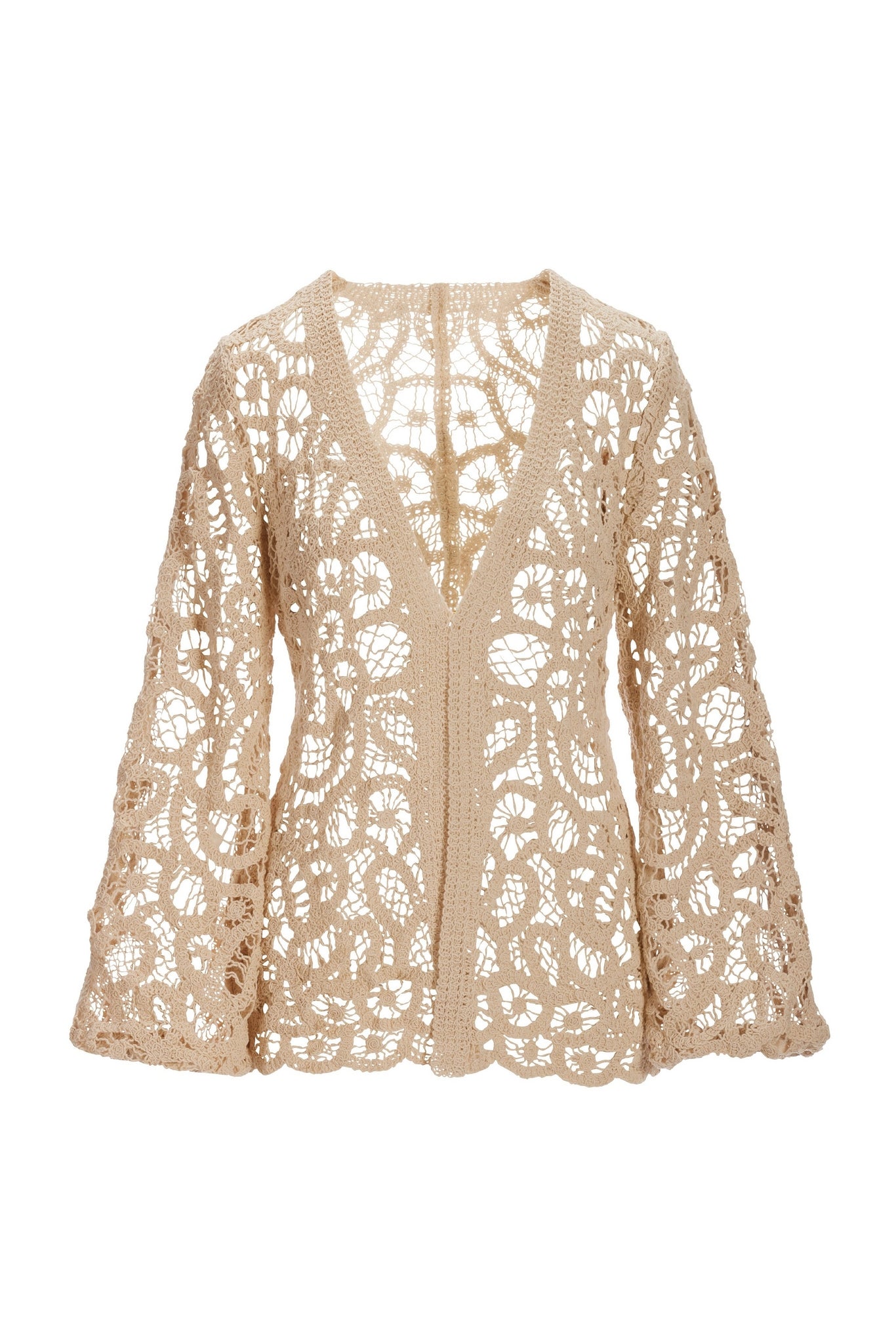 Transitional Balloon Sleeve Crochet Hip Length Duster Tan