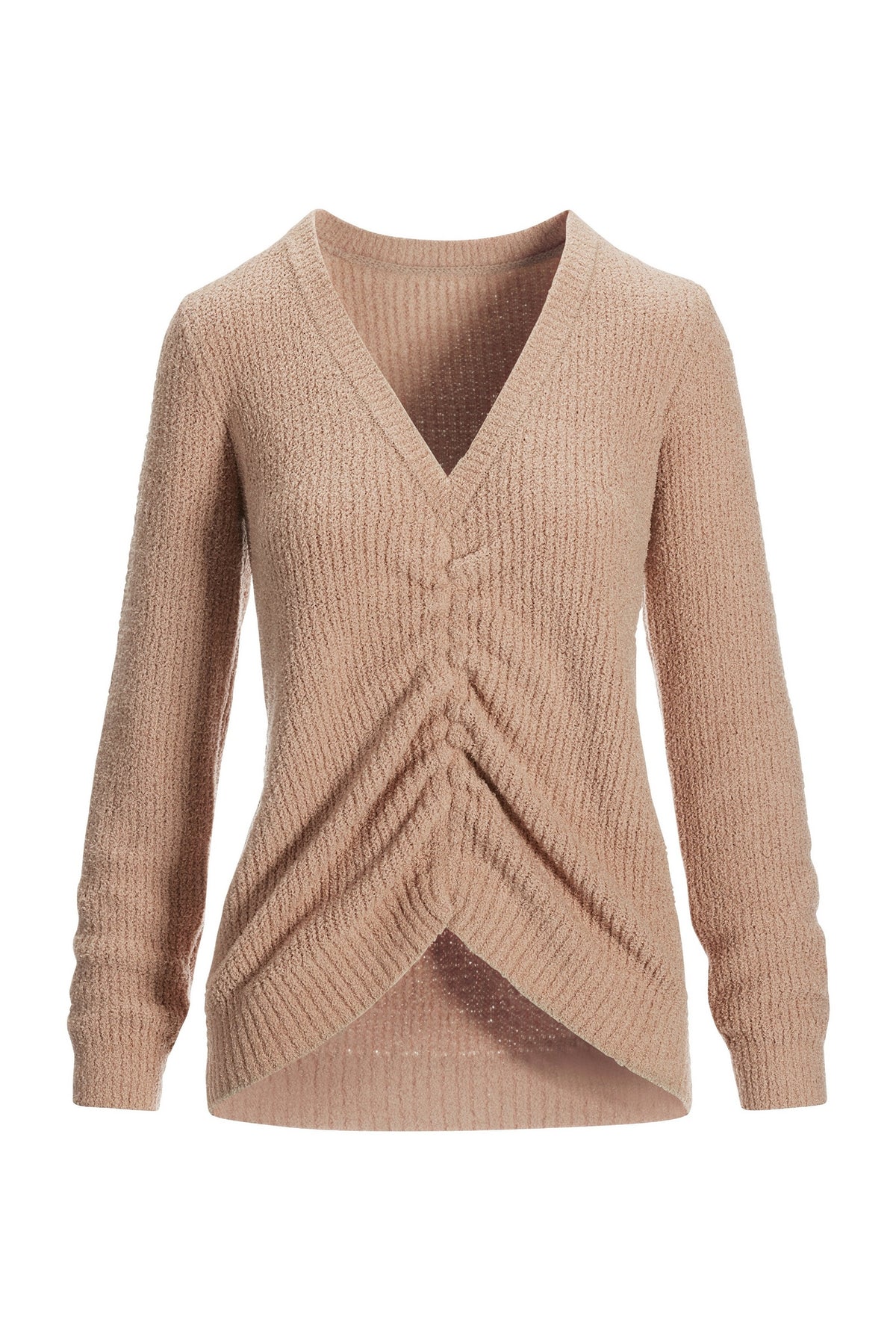 Textured Ruched V-Neck Knit Long-Sleeve Top Taupe