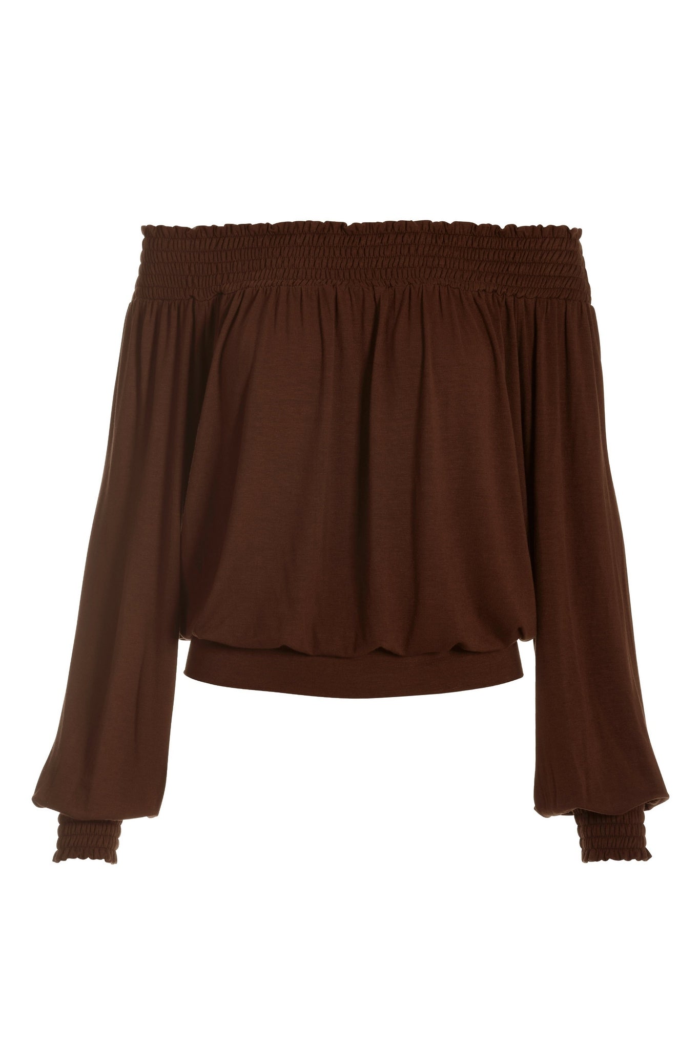 Off the Shoulder Smocked Knit Top Brown