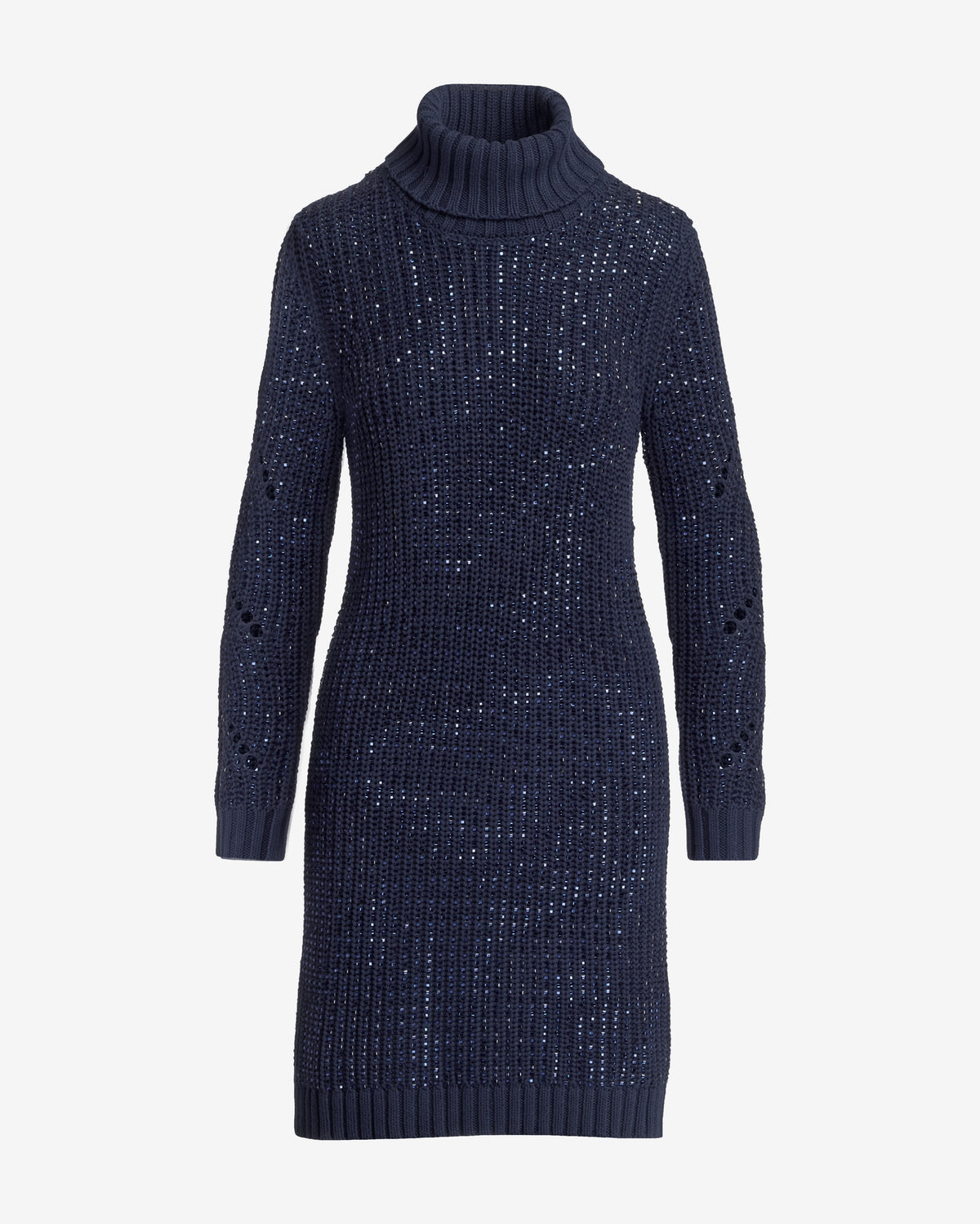 Crystal Embellished Turtleneck Sweater Dress Navy