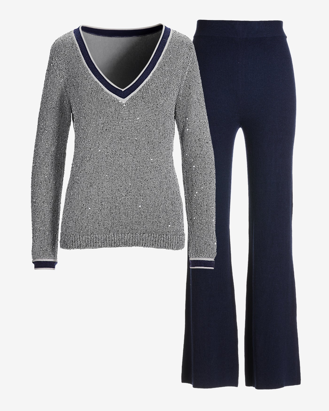 Sequin Stripe V Neck Sweater Set Silver