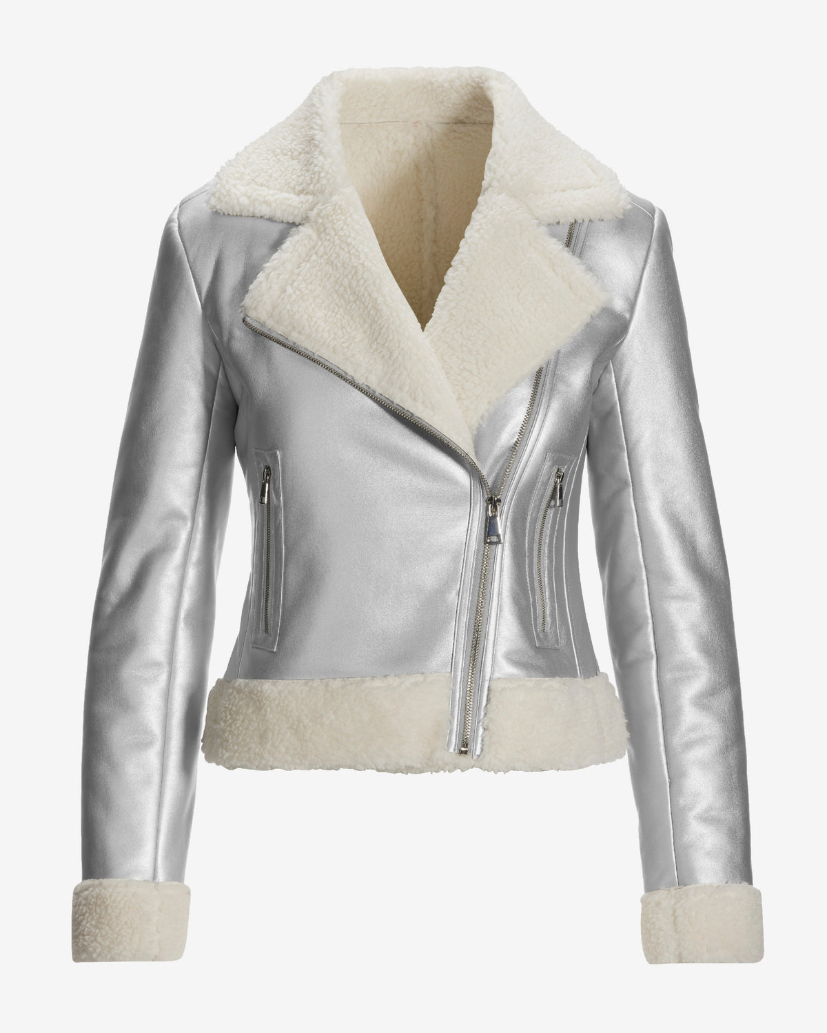 Metallic Faux Leather Sherpa Lined Moto Coat Silver