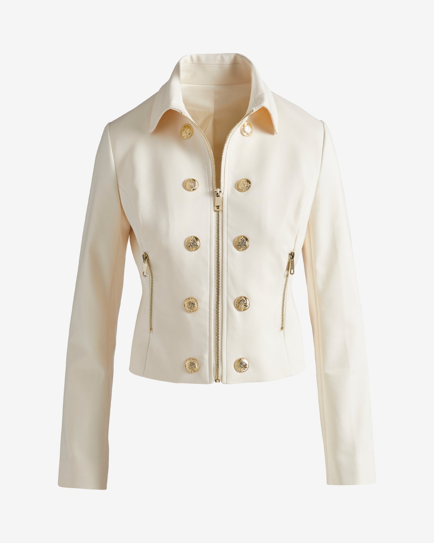 Modern Zip Front Crest Button Jacket Ivory
