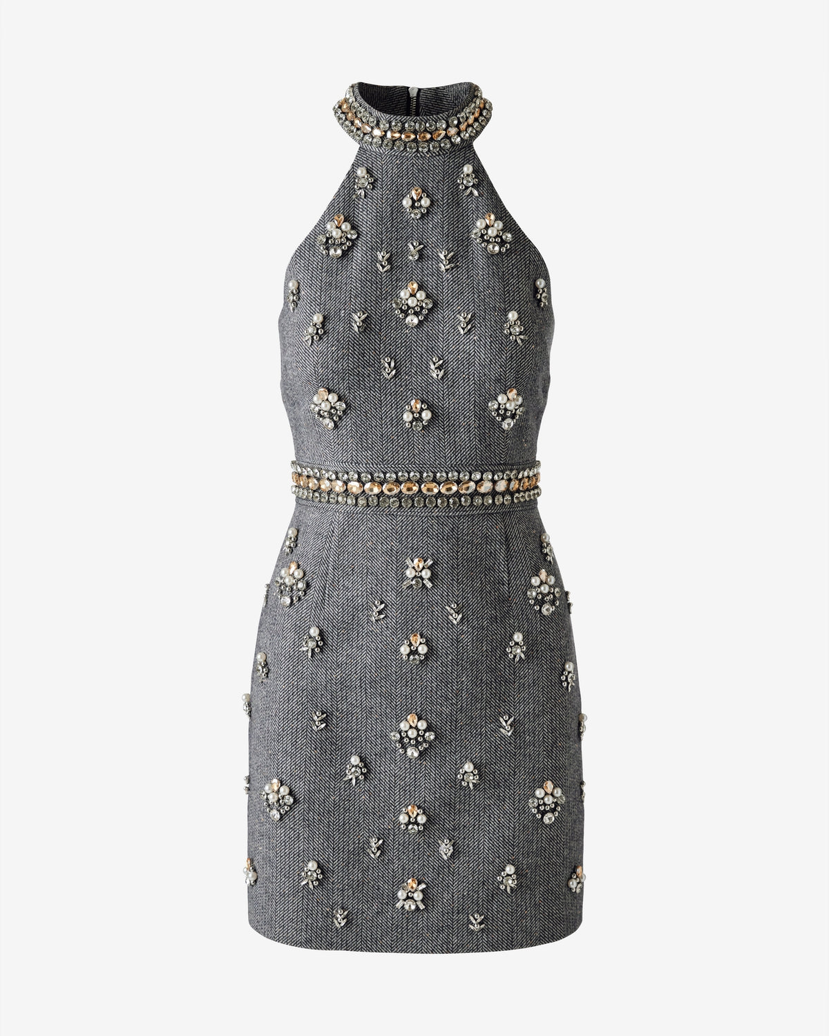 Embellished Chevron High Neck Dress Gold/Gray Multi