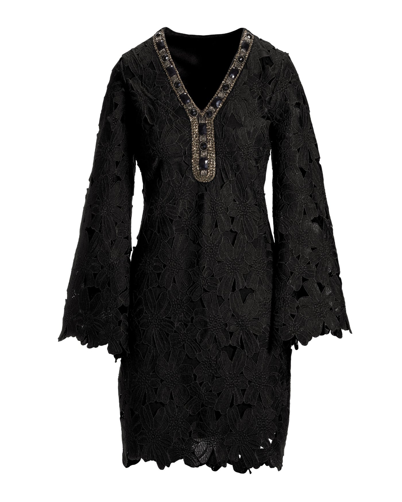 Flare Sleeve Lace Embellished Tunic Dress Black