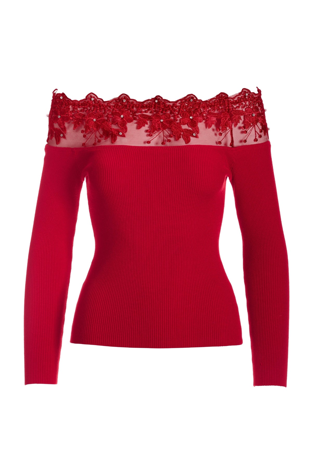 Embellished Lace Off the Shoulder Sweater Red