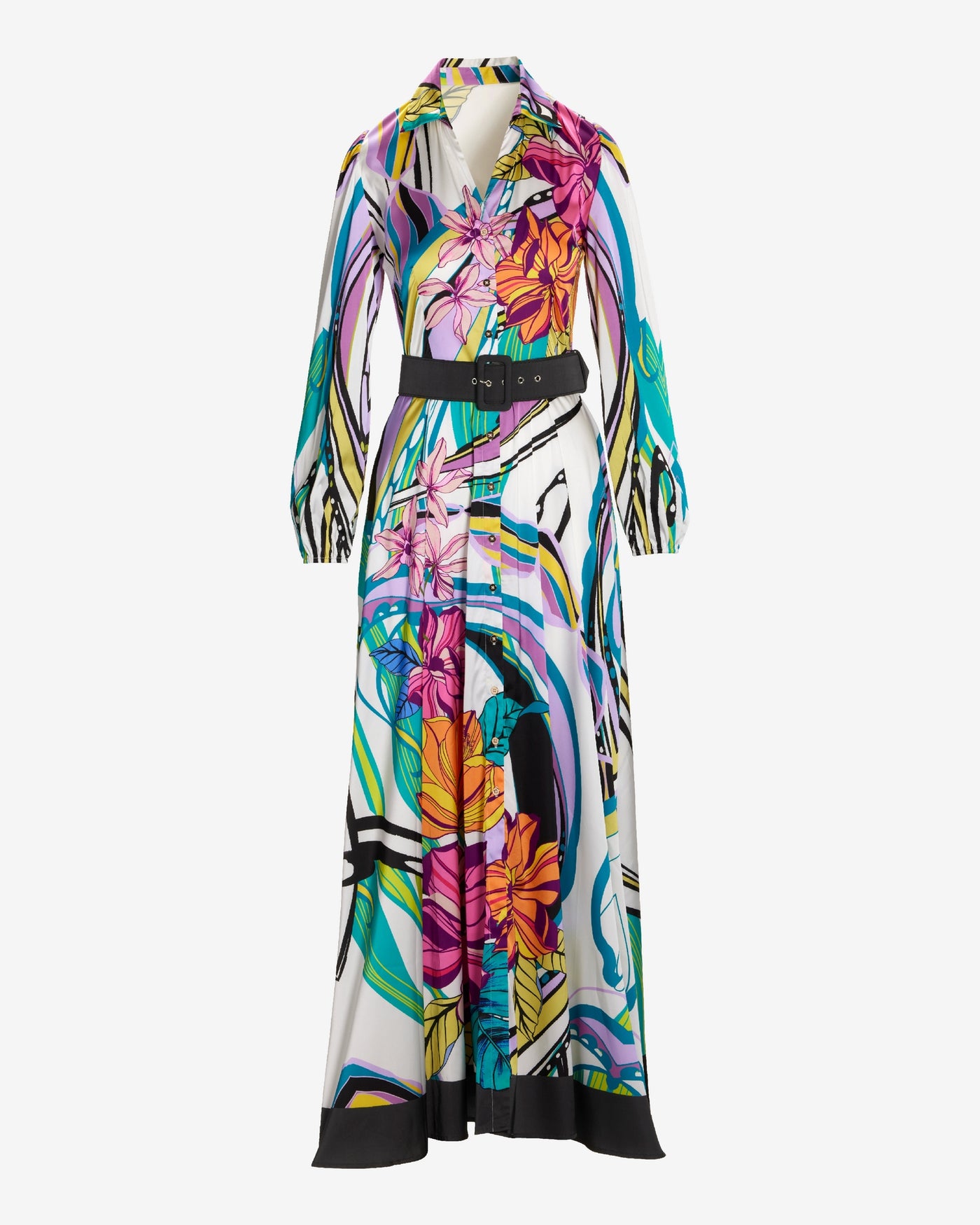 Venice Abstract Print Charmeuse Belted Maxi Shirt Dress Venice Abstract