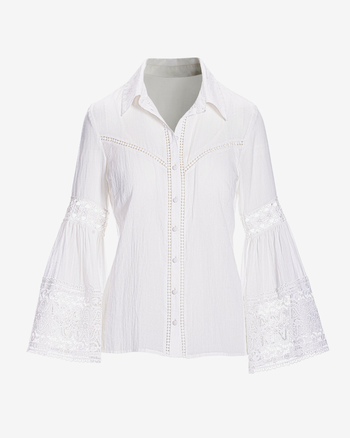 Flare sleeve Lace Trim Cotton Button Up Shirt White