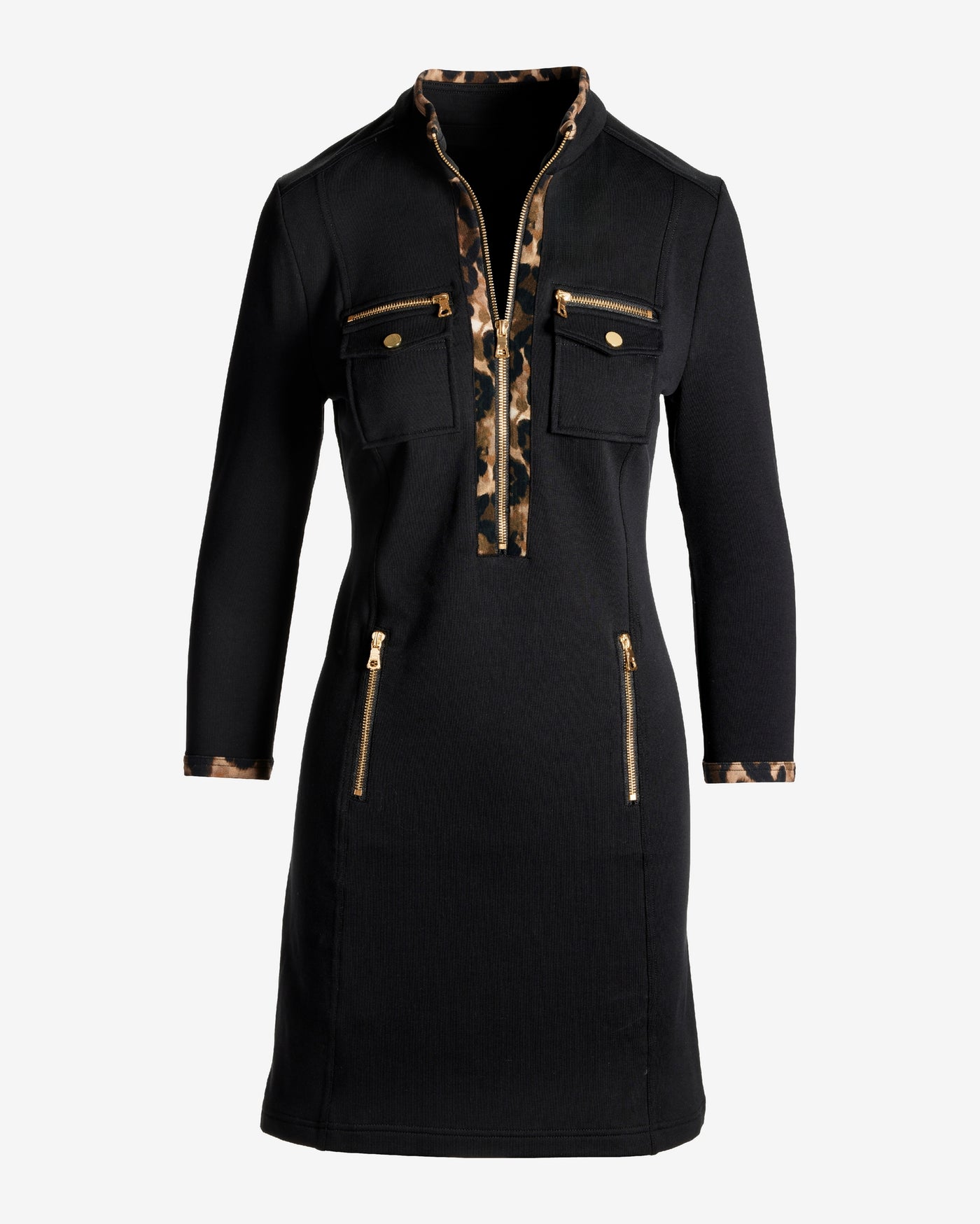 Chic Zip Printed Long Sleeve Dress Cheetah Spots
