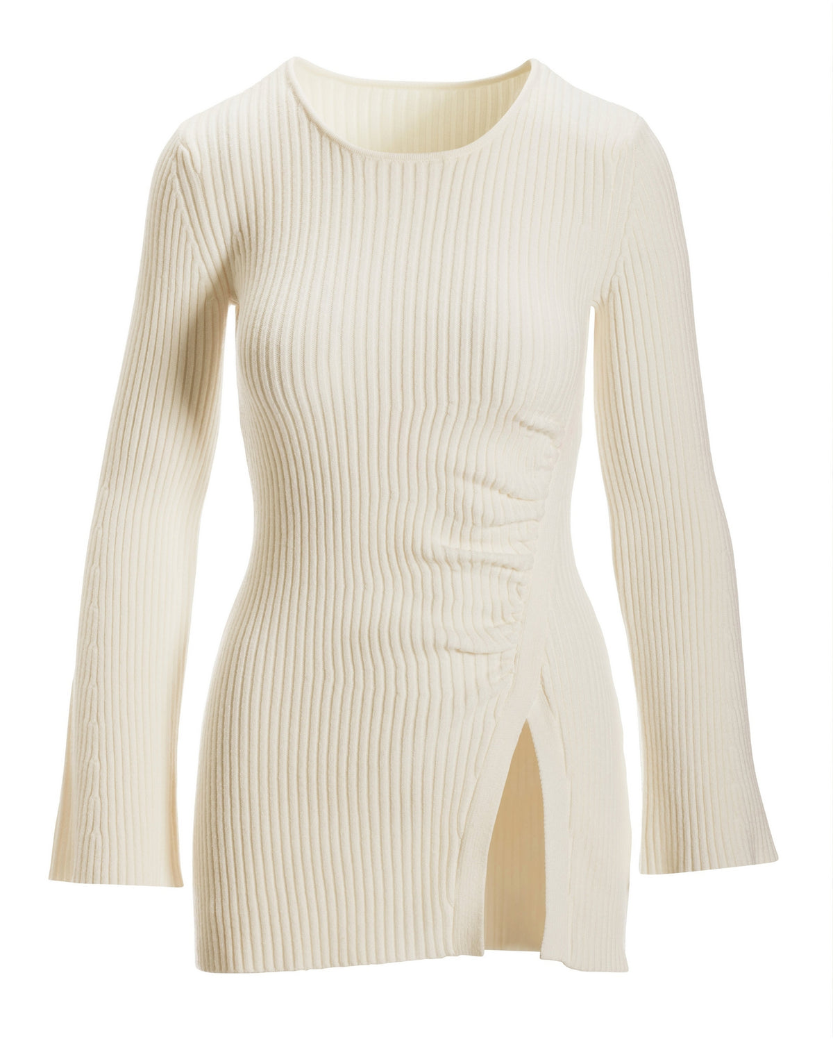 Side Slit Ruched Flare Sleeve Tunic Off White