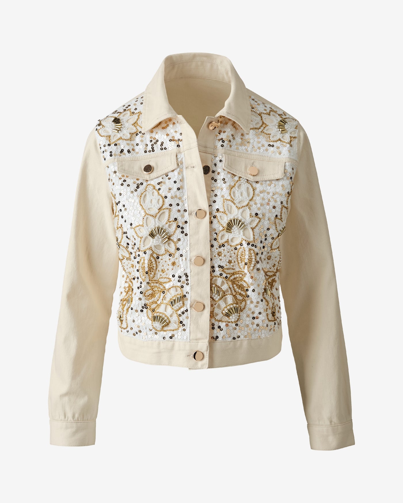 Mixed Metal Sequin and Beaded Denim Jacket White Swan