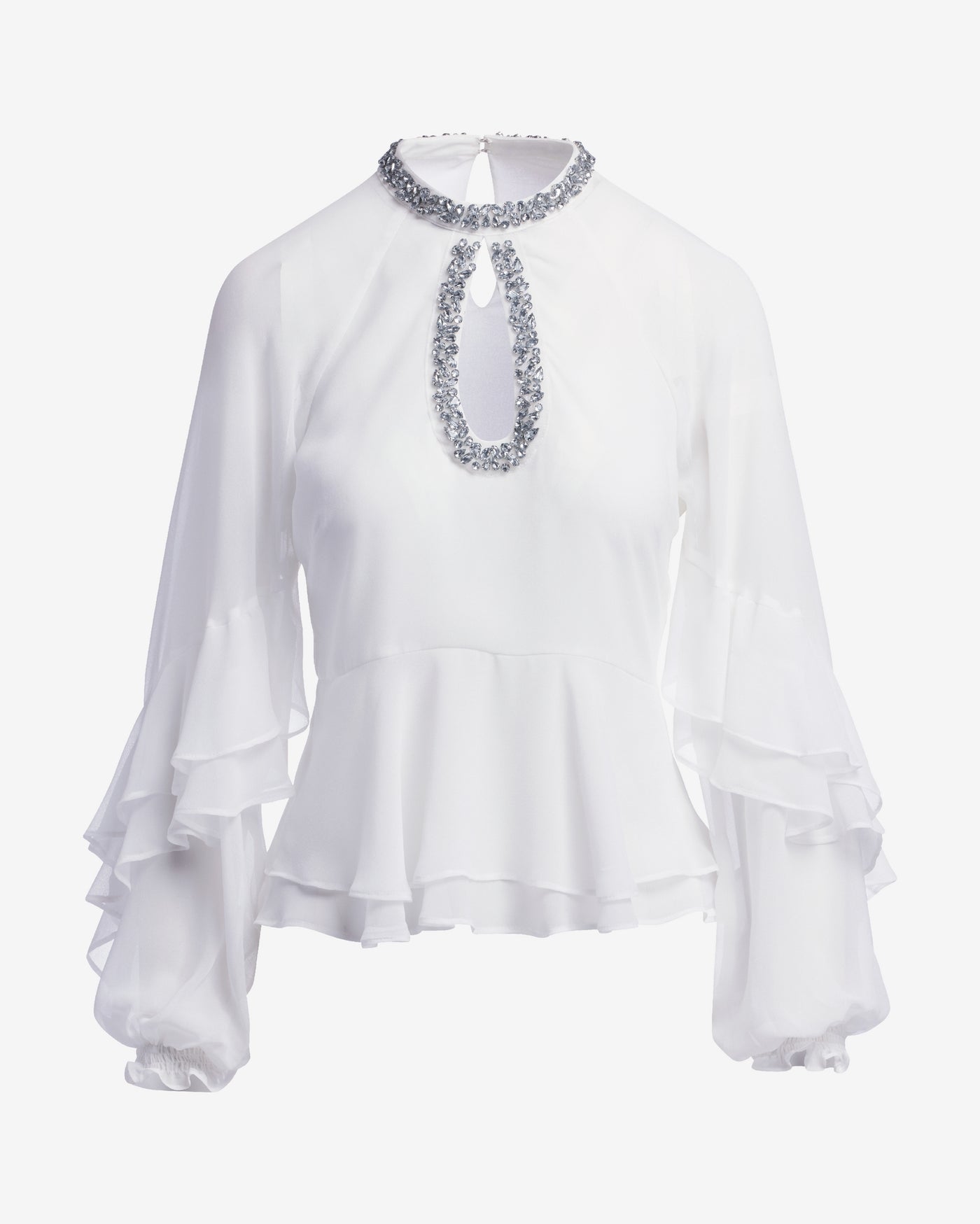 Embellished Keyhole Ruffle Blouse Off White