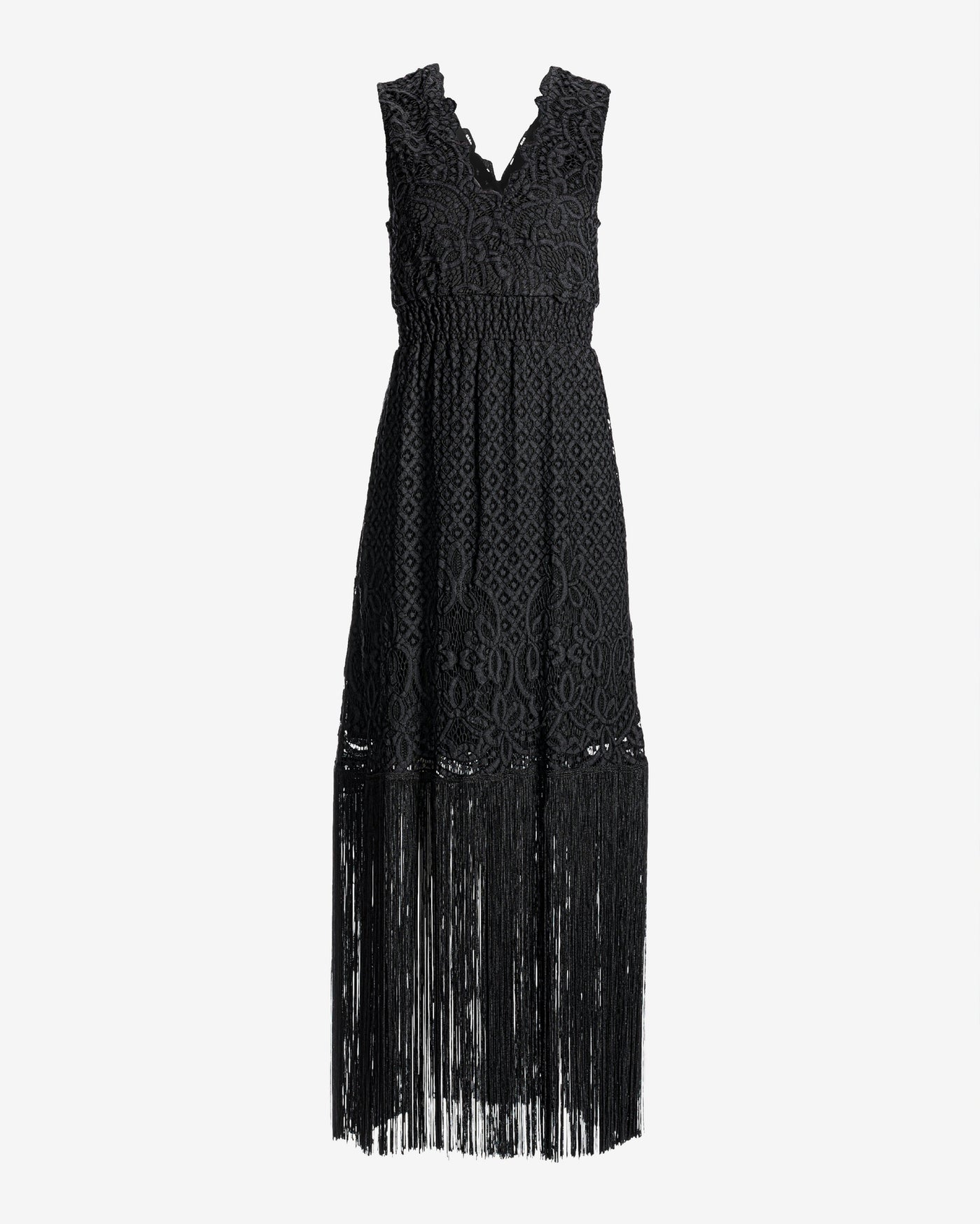 Lace V Neck Fringe Dress Black