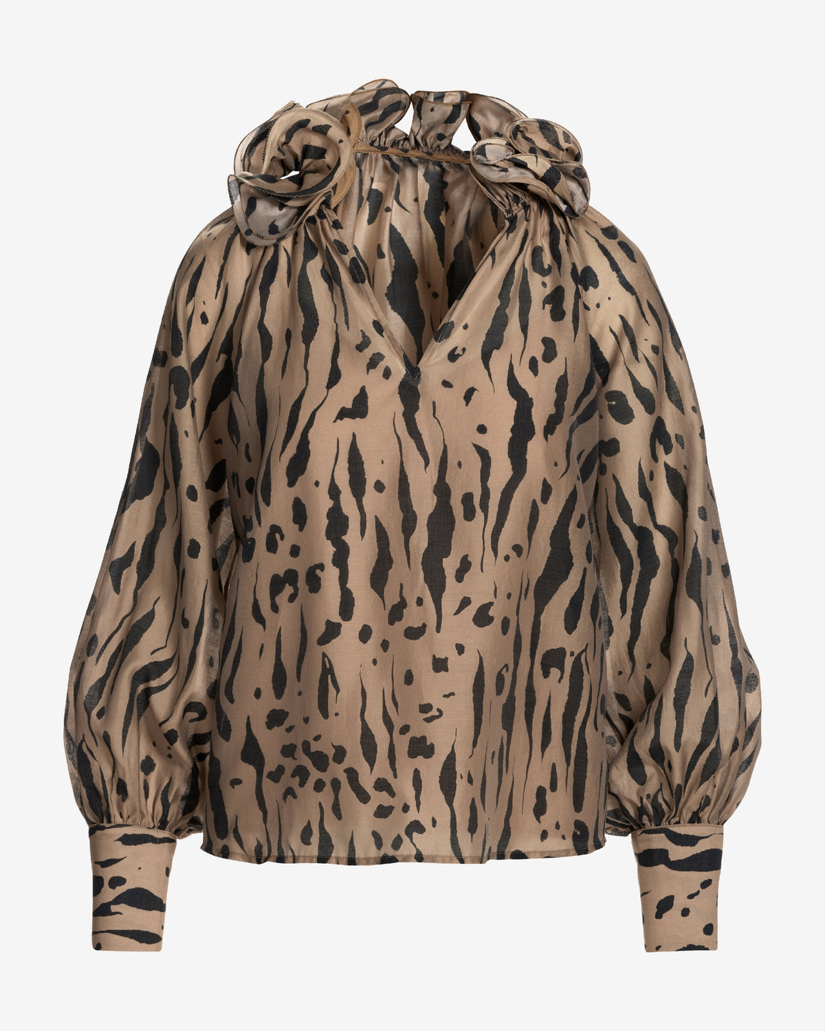 Ruffle Collar Print Blouse Textured Animal
