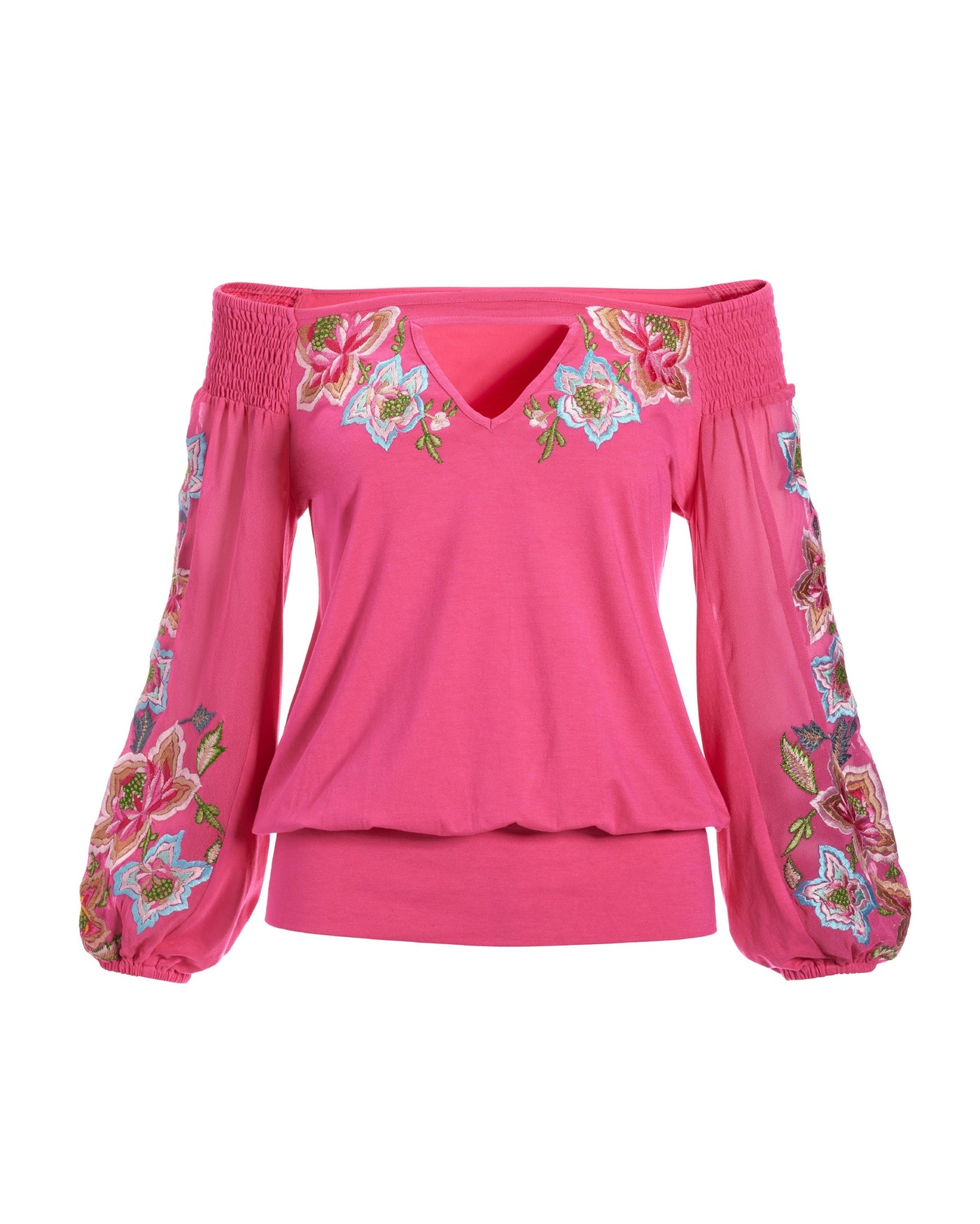 Embroidered Off-The-Shoulder Blouson Knit Top Pink Multi