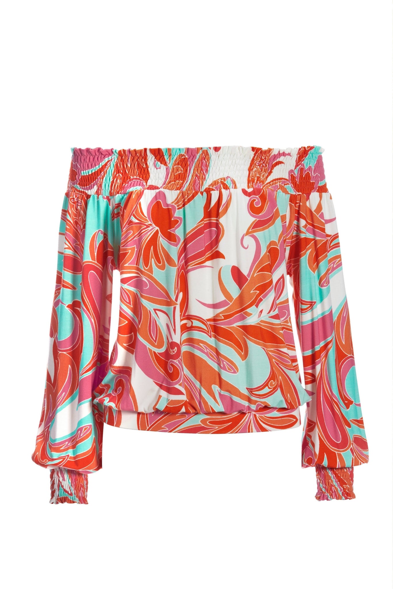 Abstract Floral Off The Shoulder Knit Orange Multi