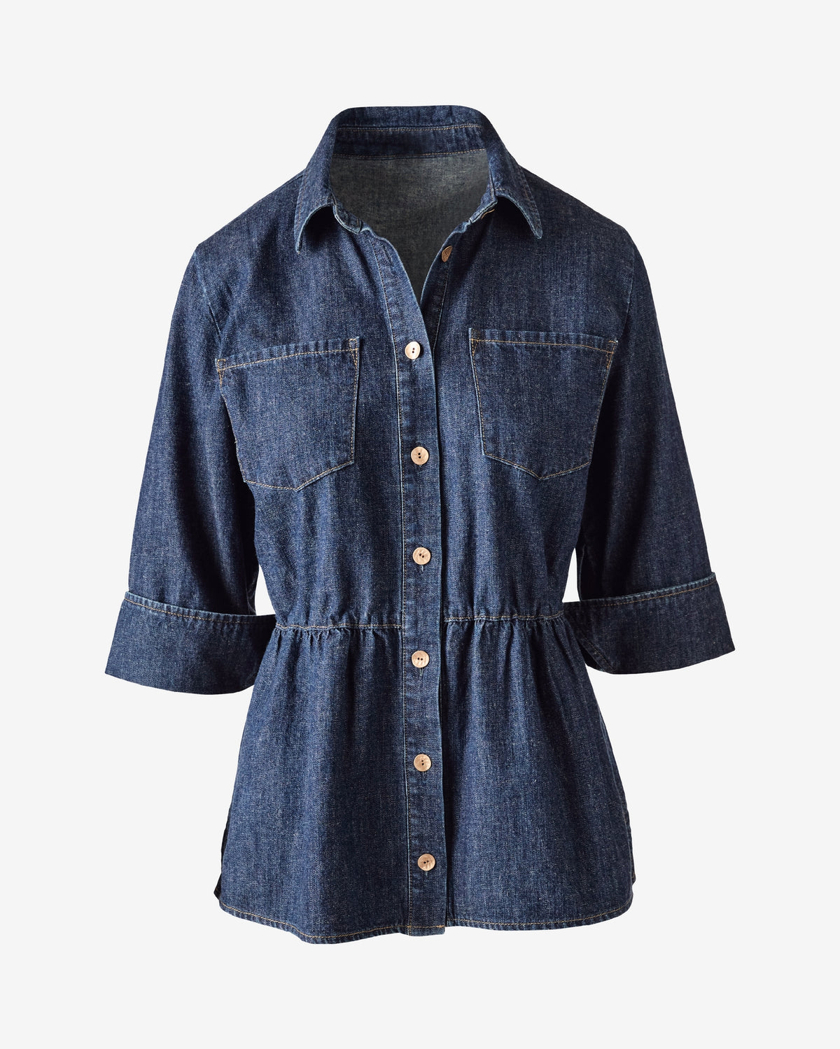 Denim Cinched Waist Tunic Shirt Dark Rinse
