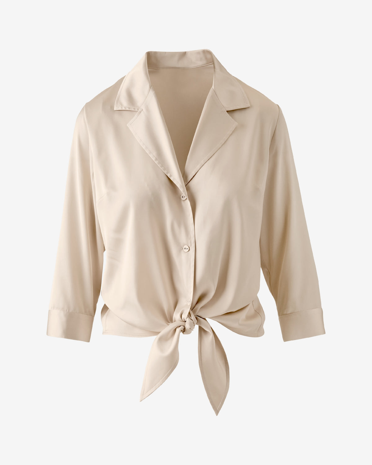 Charmeuse Notched Collar Tie Front Shirt Sandshell