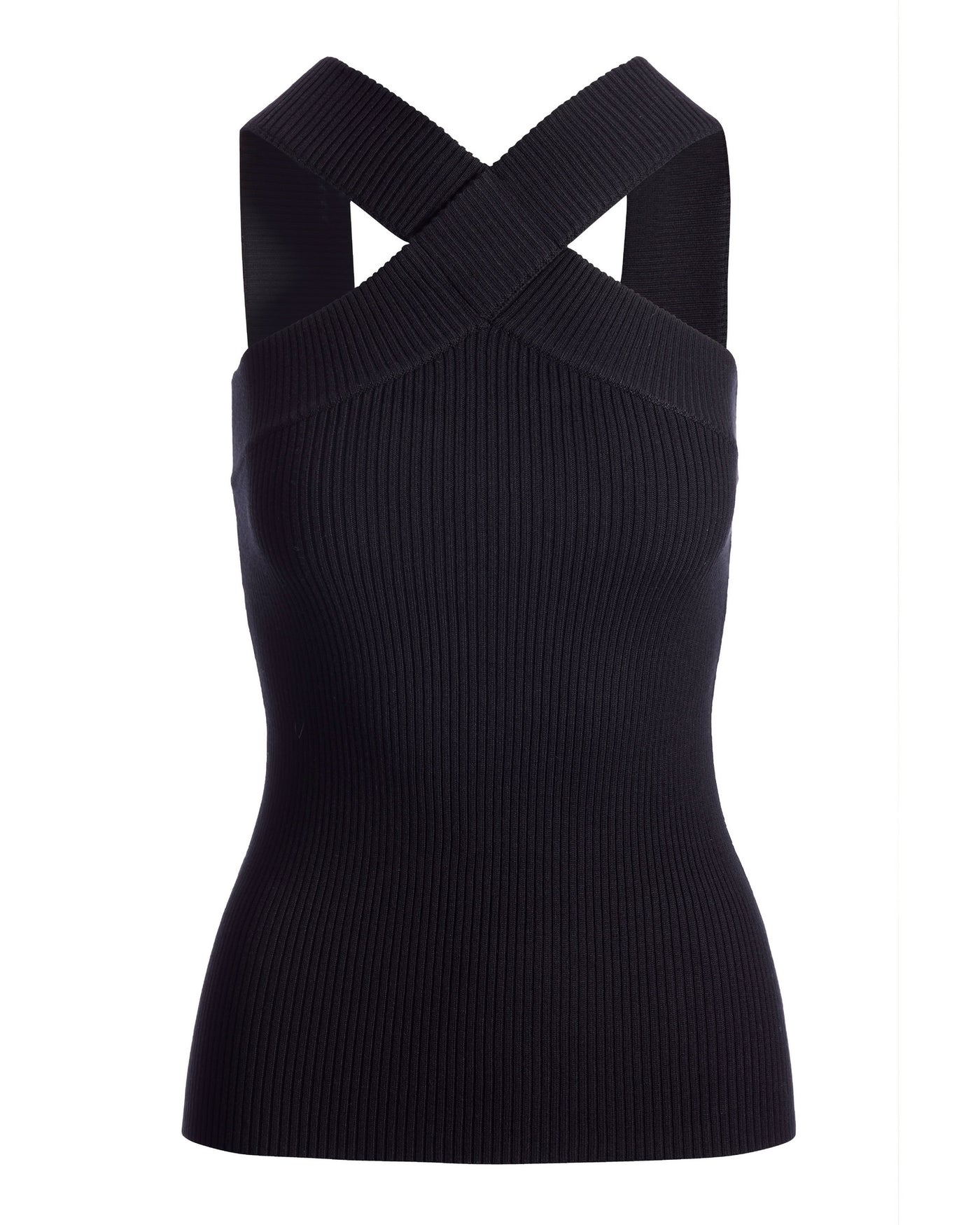 Ribbed High Neck Cross Front Tank Black
