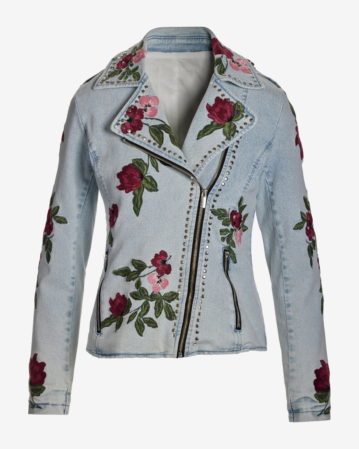 Floral Embroidered Studded Denim Moto Jacket Light Wash