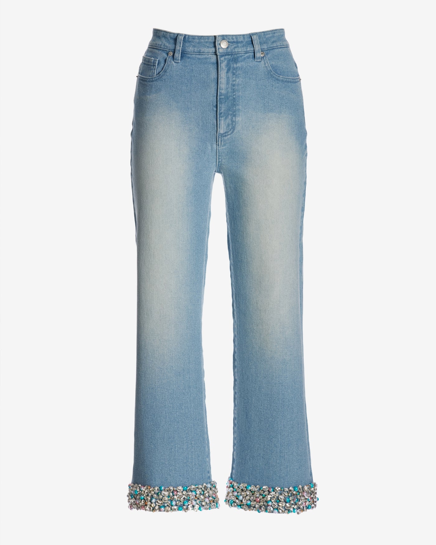 Malibu La Sirena Crystal and Pearl Cropped Palazzo Jean Light Wash Denim