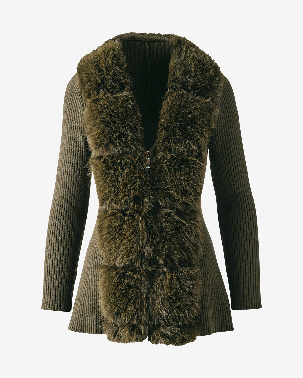Channeled Faux Fur Detail Zip Up Sweater Olive Night