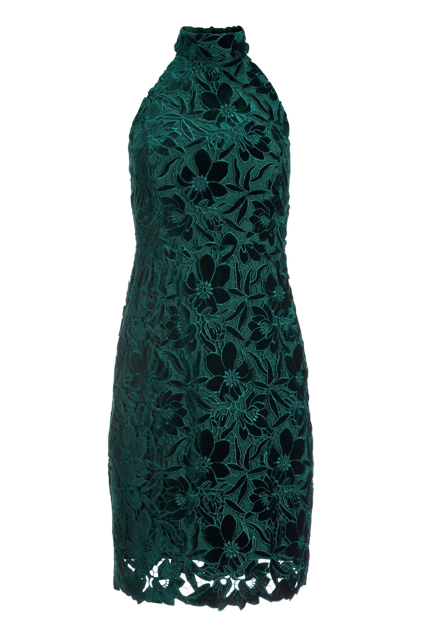 High-Neck Velvet Lace Sheath Dress Green