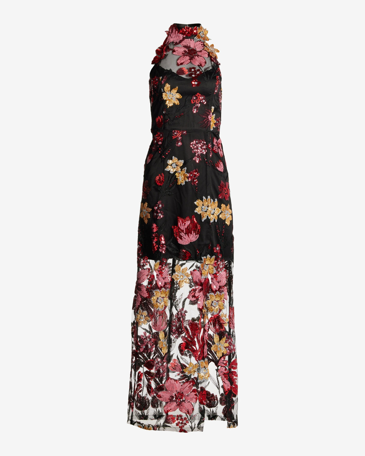Sequin Mesh Slit Maxi Gown Black Multi